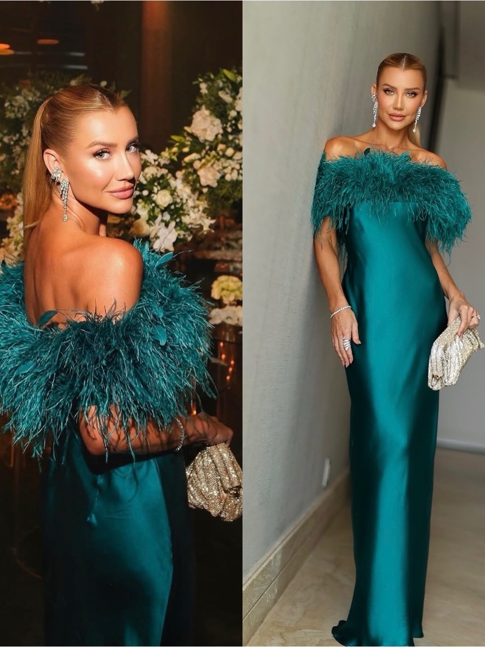 CULT GAIA Terra Feather Off Shoulder Maxi Dress in Seamoss Teal Sz 4 - Picture 3 of 7